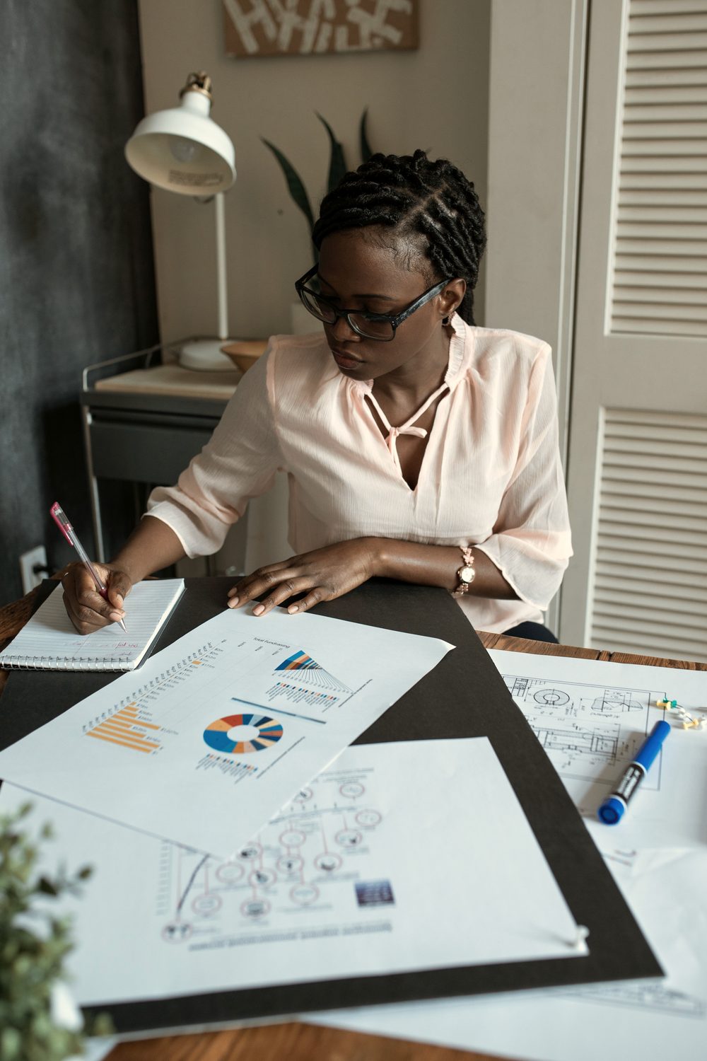 Working through a financial plan and charts at a desk